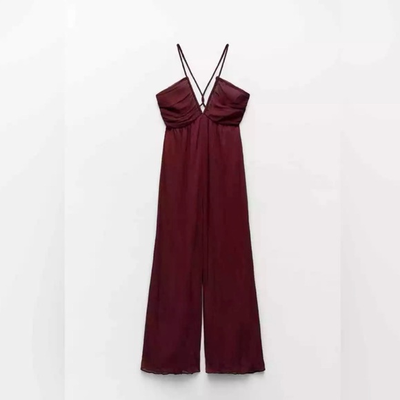 NWT Zara Burgundy Cross Back Jumpsuit - Picture 4 of 7